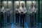 Workers in a data center walking between rows of server racks