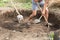 Workers dig a pit for a septic tank