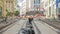 Workers do cleaning of the railway tram line after construction works.