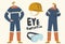 Workers Eyes Protection on Manufacture Concept. Male and Female Characters in Working Uniform and Hardhat and Goggles