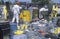 Workers handling toxic household wastes at waste cleanup site on Earth Day at the Unocal plant in Wilmington, Los Angeles, CA