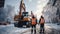 Workers inspects construction site in orange helmets and reflective vests are standing on the road in winter