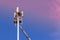Workers install cellular base station with transmitters 3G, 4G, 5G and antennas on cell tower on background of pink-blue sky.