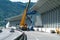 Workers during the installation of noise barriers on the highway