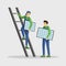 Workers installing solar panels vector illustration. Specialists setting photovoltaic module, engineer on ladder cartoon