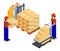 Workers loading boxes at forklift with pallet with card boxes, postal transportation, delivery