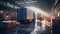 workers loading a delivery truck with neatly stacked cardboard boxes outside a logistics warehouse.