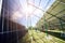 Workers mounting innovative solar panels on green metal construction