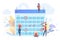 Workers planning time with calendar flat vector illustration. People marking dates with red circle, check signs cartoon