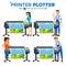 Workers With Plotter Set Vector. Woman, Man. Prints Beautiful Picture, Banner. Print Service. Large Format Multifunction