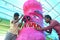 Workers preparing a head of monster size effigy of ten headed demon king Ravan in Bhopal