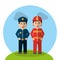 Workers profession policeman and fireman standing cartoon