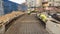 Workers with protective mask welding reinforcement for tram tracks in the city timelapse