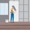 Workers put plaster, installing gypsum plasterboard panels in the interior. Vector illustration, . Construction