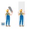 Workers put plaster, installing gypsum plasterboard panels. Vector illustration, isolated. Construction industry, repair