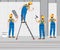 Workers put plaster on a stepladder, installing gypsum plasterboard panels in the interior. Vector illustration