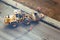 Workers remove the asphalt by putting it in the bucket of the excavator, top view