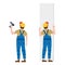 Workers, with a screwdriver, installing gypsum plasterboard panels. Vector illustration, isolated. Construction industry