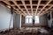 Workers on stepladders are engaged in apartment renovation and construction of wooden ceiling.