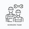 Workers team flat line icon. Vector outline illustration of two engineers and wrench. Black thin linear pictogram for