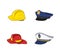Workers uniform. Policeman, fireman, captain, builder hat set. Fireman Red and construction yellow helmet. Safety equipment. Cap
