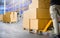 Workers Unloading Package Boxes on Pallets in Warehouse. Cartons, Cardboard Boxes. Supply Chain. Supplies Warehouse Shipping.