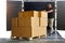 Workers Unloading Packaging Boxes Stack on Pallets out of Container Trucks. Shipping Warehouse. Delivery. Shipment Goods. Supplies