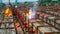 workers weld steel bars to hold temporary the girders