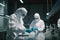 Workers in work clothes at a chemical industry plant laboratory, conducting chemical analysis and quality control tests on samples