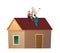 Workers work on roof. Two workers install a satellite dish on the roof. Antenna for television and internet. Small house