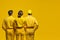 Workers in yellow work clothes. Copy space. Yellow background. AI Generative.