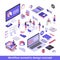 Workflow isometric vector illustrations set. Working process organization, workplace, workspace items. Infographics, data