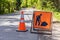 Workforce in road sign and traffic cone