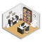 Working cabinet isometric modern furniture room cutaway flat design isolated concept vector illustration