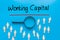 Working Capital Sign on white paper. Man Hand Holding Paper with text. Isolated on Workers concept, Magnifying glass. Blue