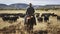 Working cowboy on horse herding Angus cattle on open range. Generative AI
