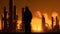A working engineer in a hard hat stands in front of an oil refinery petrochemical