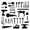 Working hand tools silhouette. Construction and home repair toolkit logo icons. Workshop hardware, drill, hammer, saw