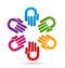 Working hands in a group, charity vector logo