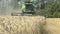 Working harvesting combine in the field of wheat