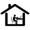 Working from home. Pictogram depicting man working at home due to lockdown Covid-19. Black and White Vector EPS