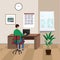 Working from home. Young man works on the computer on home, funny vector illustration