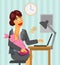 A working mother feeding a kid in the office on the workplace. Work and life balance vector image