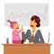 A working mother with a kid in the office on the workplace having success. Work and life balance vector image