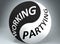 Working and partying in balance - pictured as words Working, partying and yin yang symbol, to show harmony between Working and