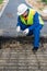 Working time for mating fittings, prior to preparing the concrete casting surface, a worker in a blue uniform