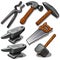 Working tool of blacksmith and carpenter. Seven icons isolated on white background. Vector in cartoon style