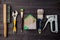 Working tools laid out on a wooden background, concept of building a house