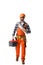 workman in orange overall holding tool box and blueprint