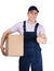 Workman in overalls hands a box